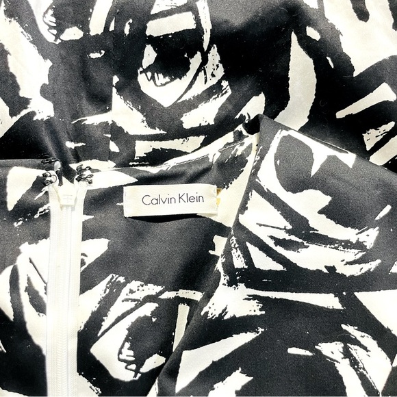 Calvin Klein Black White Abstract Print Fit & Flare Dress Sleeveless Collared - Picture 9 of 14